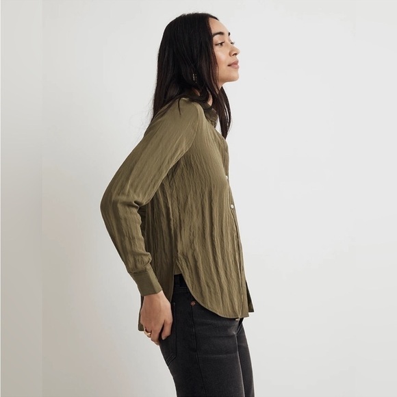 Madewell Crinkled Button Up Shirt Olive Green Medium - Picture 2 of 9